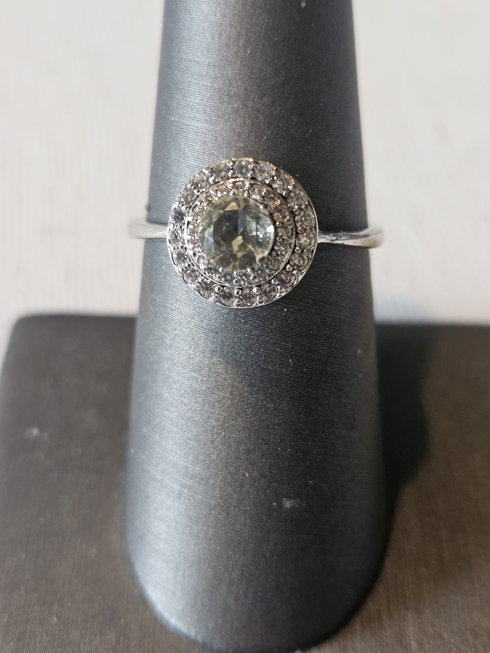 Bomb Party Silver Halo Ring with Pale Green Center Stone